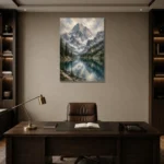 Misty Blue Alpine Lake Mountain Landscape Wall Art Canvas Print displayed in a contemporary gallery-inspired room