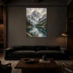 Misty Blue Alpine Lake Mountain Landscape Wall Art Canvas Print shown in a warm modern interior