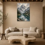 Misty Blue Alpine Lake Mountain Landscape Wall Art Canvas Print presented in a sophisticated home setting