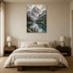 Misty Blue Alpine Lake Mountain Landscape Wall Art Canvas Print showcased in an elegant minimalist interior