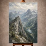 Misty blue contemplative Mountain Landscape Wall Art print for elegant interiors. No text or watermarks in design.