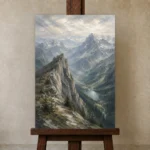 Misty Blue Stone Ridge Mountain Landscape Wall Art Canvas Print displayed on a studio easel