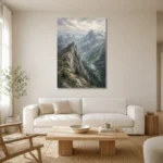 Misty Blue Stone Ridge Mountain Landscape Wall Art Canvas Print styled in a refined neutral interior
