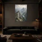 Misty Blue Stone Ridge Mountain Landscape Wall Art Canvas Print shown in a warm modern interior