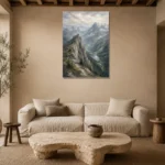 Misty Blue Stone Ridge Mountain Landscape Wall Art Canvas Print presented in a sophisticated home setting