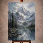 Misty blue timeless Mountain Landscape Wall Art print for elegant interiors. No text or watermarks in design.