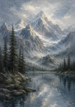 Misty Blue Snow-Touched Mountain Landscape Wall Art Canvas Print