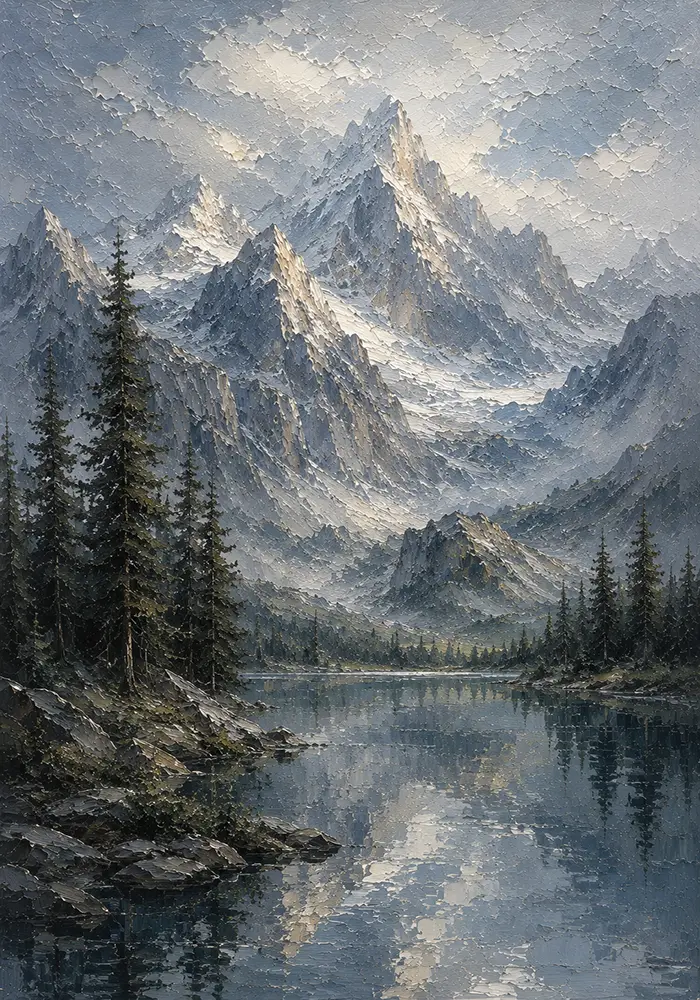 Misty Blue Snow-Touched Mountain Landscape Wall Art Canvas Print