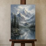 Misty Blue Snow-Touched Mountain Landscape Wall Art Canvas Print displayed on a studio easel