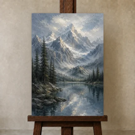 Misty Blue Snow-Touched Mountain Landscape Wall Art Canvas Print shown in Studio Easel