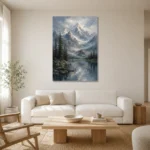 Misty Blue Snow-Touched Mountain Landscape Wall Art Canvas Print styled in a refined neutral interior