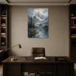 Misty Blue Snow-Touched Mountain Landscape Wall Art Canvas Print displayed in a contemporary gallery-inspired room