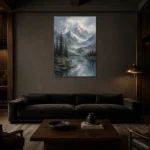 Misty Blue Snow-Touched Mountain Landscape Wall Art Canvas Print shown in a warm modern interior