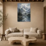 Misty Blue Snow-Touched Mountain Landscape Wall Art Canvas Print presented in a sophisticated home setting