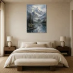 Misty Blue Snow-Touched Mountain Landscape Wall Art Canvas Print showcased in an elegant minimalist interior