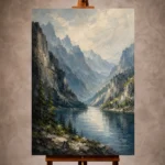 Misty blue quiet luxury Mountain Landscape Wall Art print for elegant interiors. No text or watermarks in design.