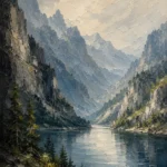 Misty Blue Cliffside Lake Mountain Landscape Wall Art Canvas Print