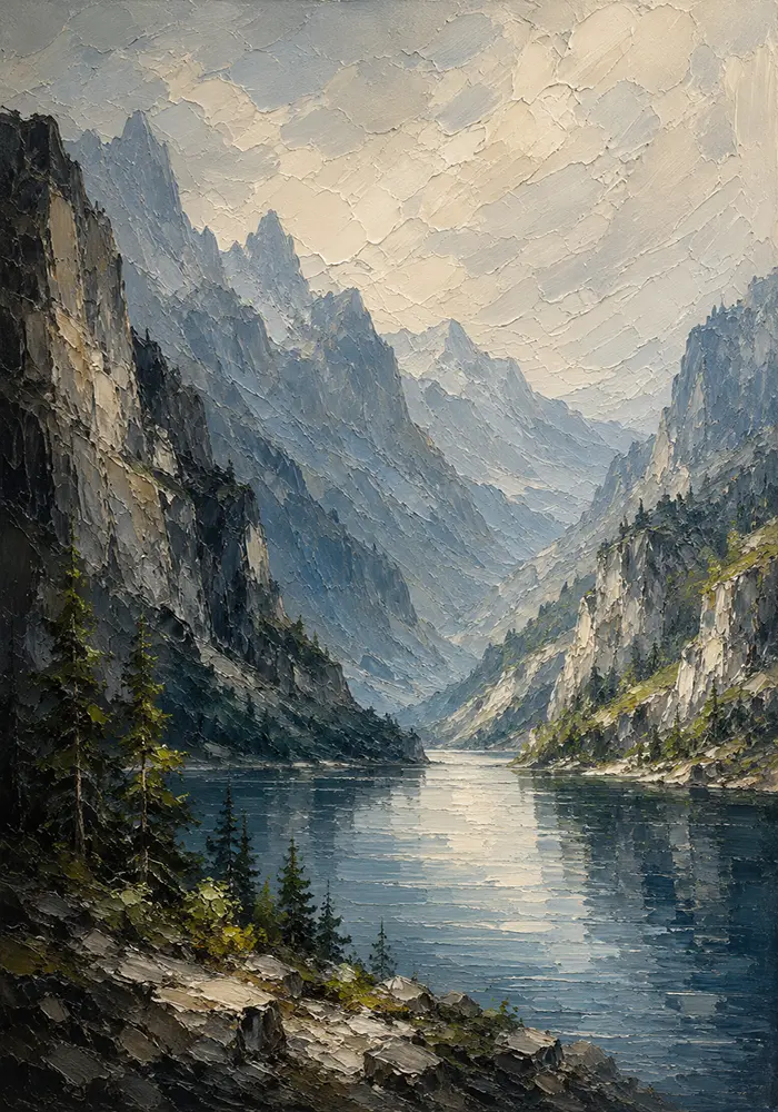 Misty Blue Cliffside Lake Mountain Landscape Wall Art Canvas Print