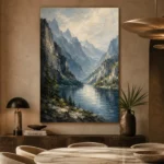 Misty Blue Cliffside Lake Mountain Landscape Wall Art Canvas Print - Image 5