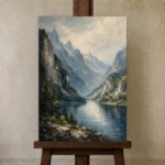 Misty Blue Cliffside Lake Mountain Landscape Wall Art Canvas Print displayed on a studio easel