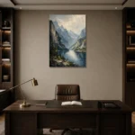 Misty Blue Cliffside Lake Mountain Landscape Wall Art Canvas Print displayed in a contemporary gallery-inspired room