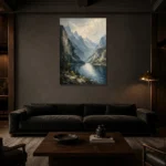 Misty Blue Cliffside Lake Mountain Landscape Wall Art Canvas Print shown in a warm modern interior