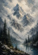 Misty Blue Cloud Peak Mountain Landscape Wall Art Canvas Print