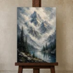Misty Blue Cloud Peak Mountain Landscape Wall Art Canvas Print displayed on a studio easel