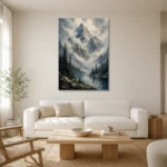 Misty Blue Cloud Peak Mountain Landscape Wall Art Canvas Print styled in a refined neutral interior