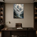 Misty Blue Cloud Peak Mountain Landscape Wall Art Canvas Print displayed in a contemporary gallery-inspired room