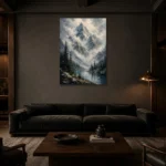 Misty Blue Cloud Peak Mountain Landscape Wall Art Canvas Print shown in a warm modern interior