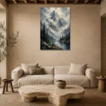 Misty Blue Cloud Peak Mountain Landscape Wall Art Canvas Print presented in a sophisticated home setting