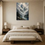 Misty Blue Cloud Peak Mountain Landscape Wall Art Canvas Print showcased in an elegant minimalist interior