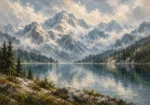 Misty Blue Alpine Lake Mountain Landscape Wall Art Canvas Print