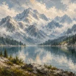 Misty Blue Alpine Lake Mountain Landscape Wall Art Canvas Print