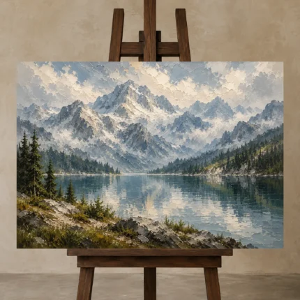 Misty Blue Alpine Lake Mountain Landscape Wall Art Canvas Print displayed on a studio easel