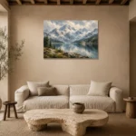 Misty Blue Alpine Lake Mountain Landscape Wall Art Canvas Print presented in a sophisticated home setting