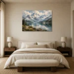 Misty Blue Alpine Lake Mountain Landscape Wall Art Canvas Print showcased in an elegant minimalist interior