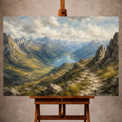 Warm misty blue Mountain Landscape Wall Art print for elegant interiors. No text or watermarks in design.