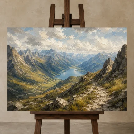 Misty Blue Highland Pass Mountain Landscape Wall Art Canvas Print displayed on a studio easel