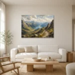 Misty Blue Highland Pass Mountain Landscape Wall Art Canvas Print styled in a refined neutral interior
