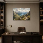 Misty Blue Highland Pass Mountain Landscape Wall Art Canvas Print displayed in a contemporary gallery-inspired room