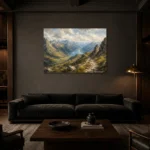Misty Blue Highland Pass Mountain Landscape Wall Art Canvas Print shown in a warm modern interior