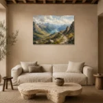 Misty Blue Highland Pass Mountain Landscape Wall Art Canvas Print presented in a sophisticated home setting