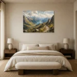 Misty Blue Highland Pass Mountain Landscape Wall Art Canvas Print showcased in an elegant minimalist interior