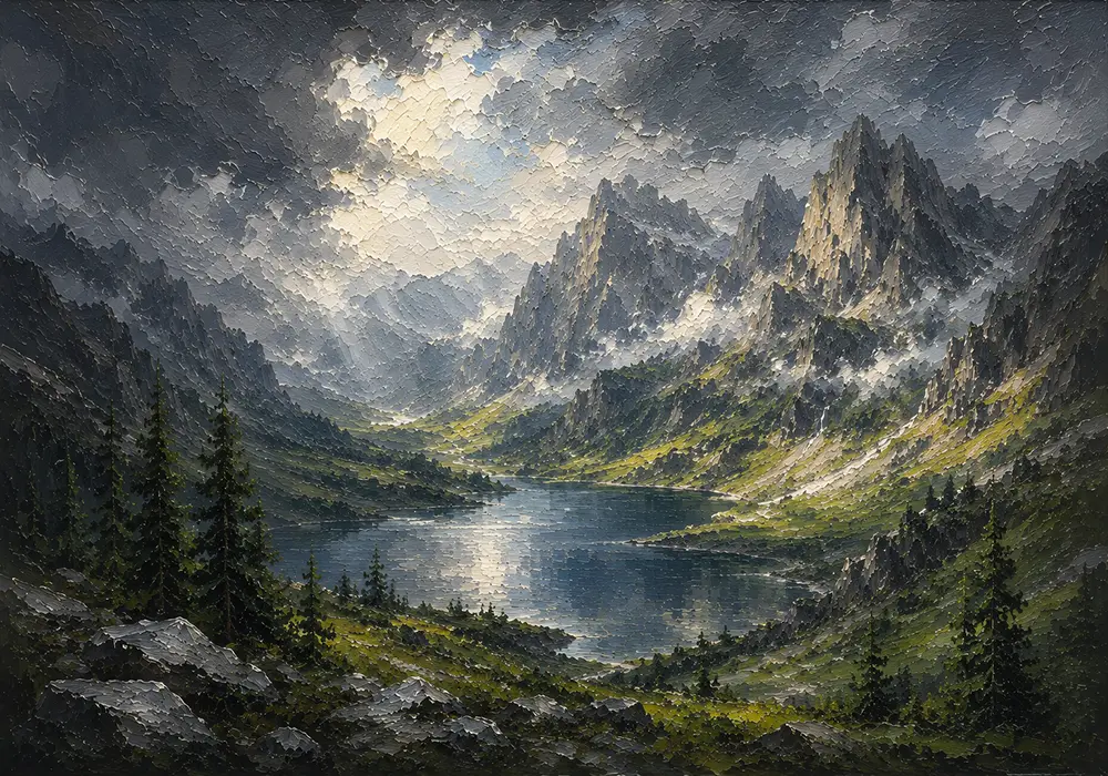 Misty Blue Alpine Basin Mountain Landscape Wall Art Canvas Print