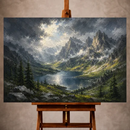 Misty blue moody elegant Mountain Landscape Wall Art print for elegant interiors. No text or watermarks in design.