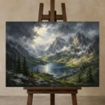 Misty Blue Alpine Basin Mountain Landscape Wall Art Canvas Print displayed on a studio easel