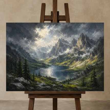 Misty Blue Alpine Basin Mountain Landscape Wall Art Canvas Print displayed on a studio easel