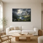 Misty Blue Alpine Basin Mountain Landscape Wall Art Canvas Print styled in a refined neutral interior